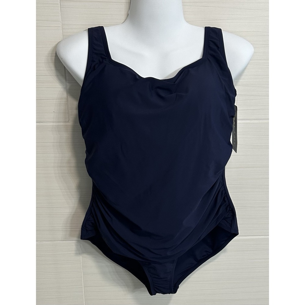 Anne Cole Ladies Navy Square Neck Ruched One Piece Slimming Swimsuit XXL, NWT